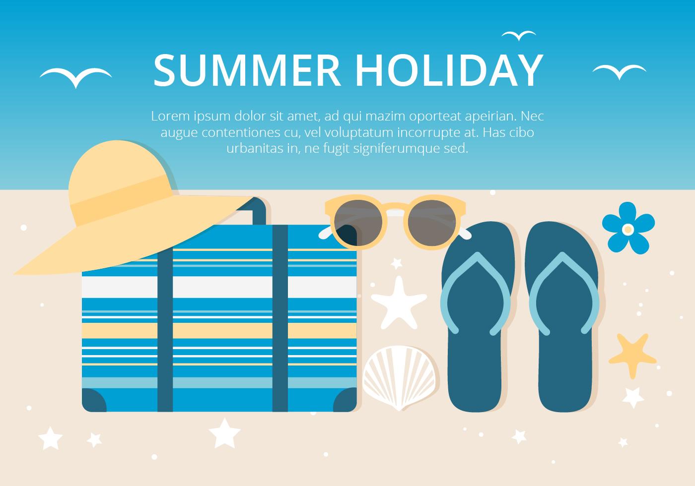 暑假时间背景插图 暑假 拖鞋 太阳镜 海星 行李箱 帽子 贝壳 手绘插图 北极熊素材库